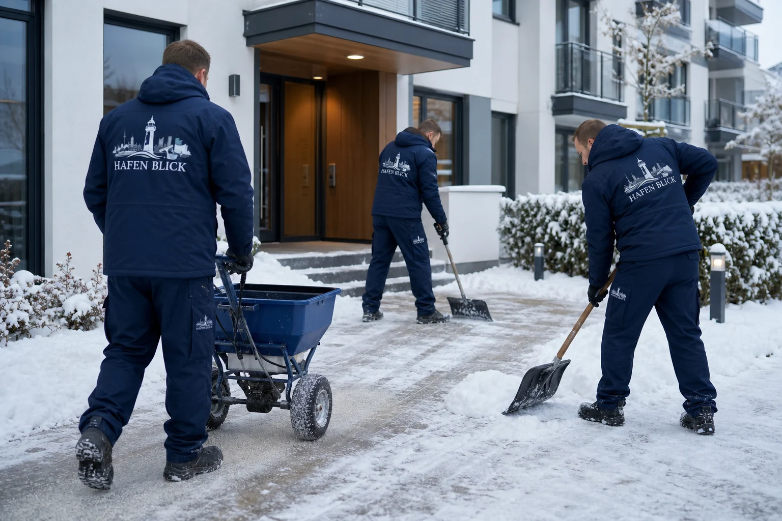 Winterdienst vor einer Wohnanlage