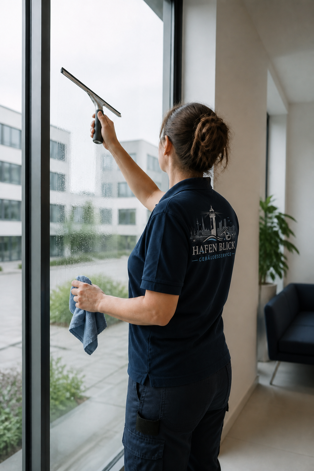 Reinigungskraft bei der professionellen Fensterreinigung
